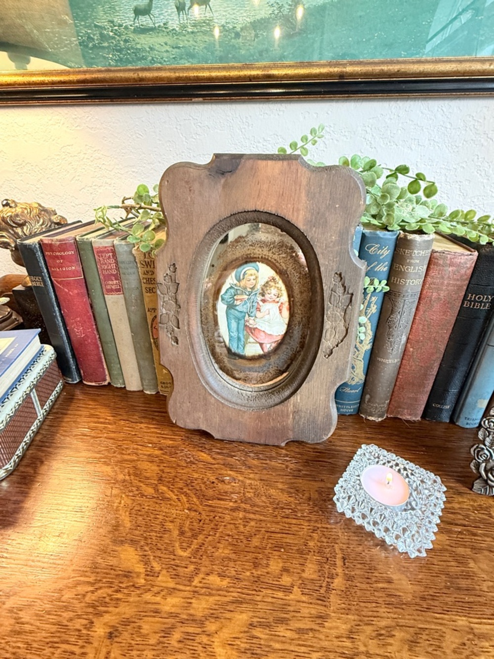 Vintage Reflective Art Chunky Wood Framed Oval Print - Picture 3 of 11